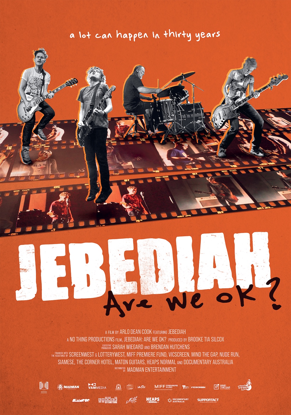 Movie poster for documentary Jebediah: Are We Ok? featuring band members performing above film strips on an orange background.